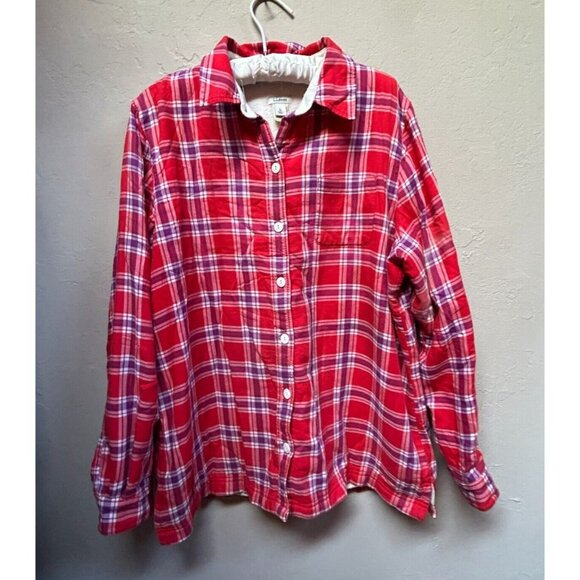 L.L. Bean Womens Button Fleece-Lined Flannel Shirt Jacket Large Red Plaid Casual - Picture 1 of 9
